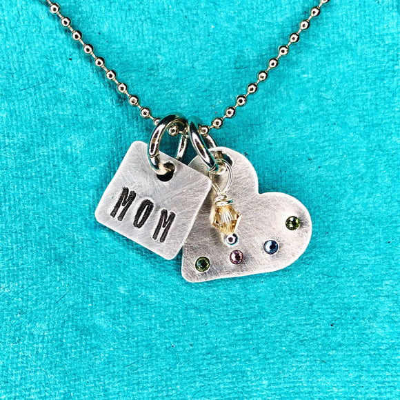 Metal Stamped Mom Tag with Children’s Birthstones on Heart Pendant Necklace