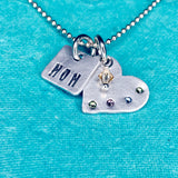Metal Stamped Mom Tag with Children’s Birthstones on Heart Pendant Necklace