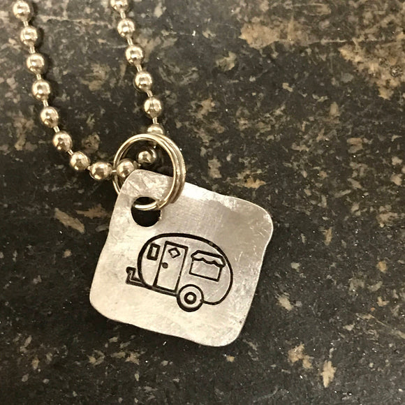 Tiny Hand Cut Metal Stamped Camper Trailer Camping Pendant Charm