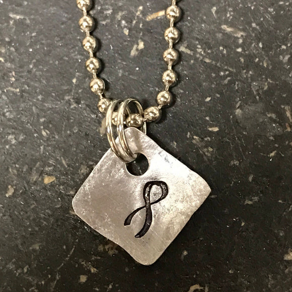 Tiny Hand Cut Metal Stamped Cancer Ribbon Pendant Charm
