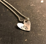Tiny Hand Cut Metal Heart Stamped with Bicycle Pendant Charm