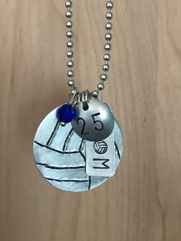 Custom Hand Cut Metal Stamped Volleyball MOM Necklace