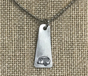 Hand Cut Metal Stamped Long Simple Camper Tag Pendant Charm