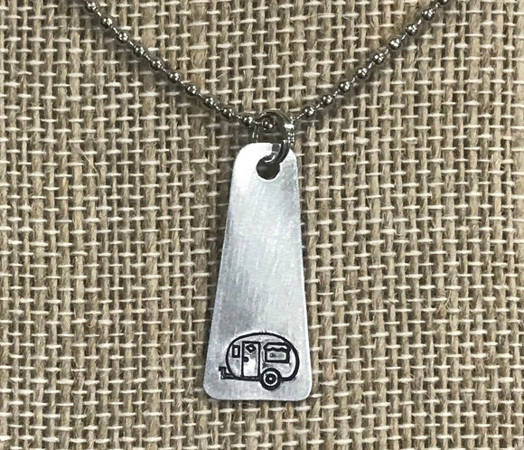 Hand Cut Metal Stamped Long Simple Camper Tag Pendant Charm