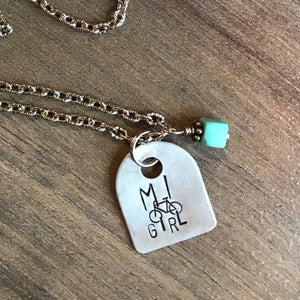 Hand Cut Aluminum Metal Stamped Michigan Girl Bicycle Tag Pendant Charm