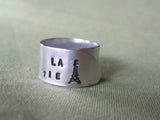 Hand Cut Metal Stamped "La Vie" Eiffel Tower Ring