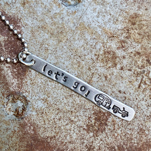 Metal Stamped Jeep Pulling Camper Tag Pendant Charm