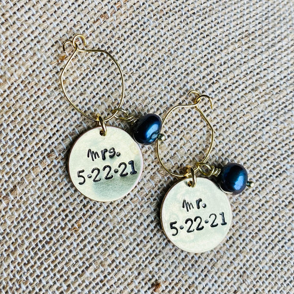 Mrs and Mrs Custom Metal Stamped Wedding Wine Charms