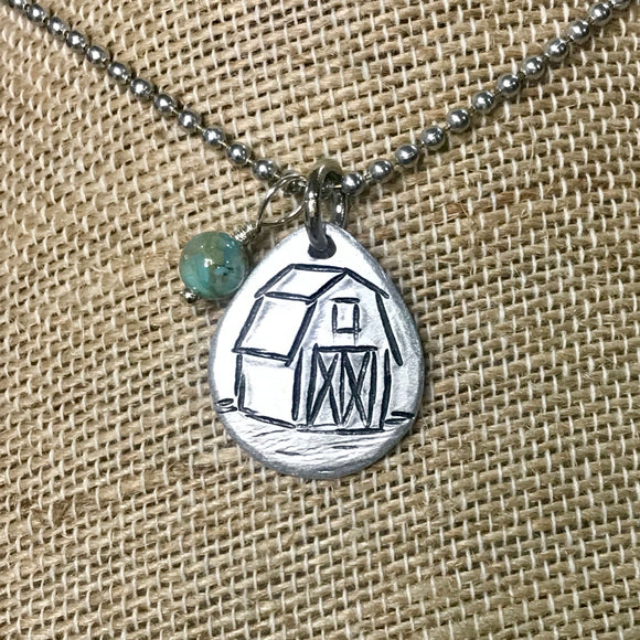 Metal Stamped Barn Pendant with Bead Charm Necklace