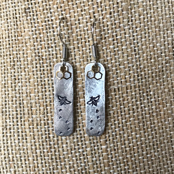 Bee Metal Stamped Custom Made Hammered Earrings with Honeycomb